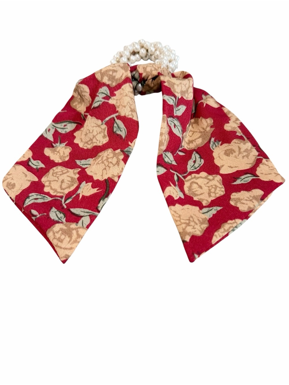 Pearl Hair Tie with Dark Red Floral Scarf New